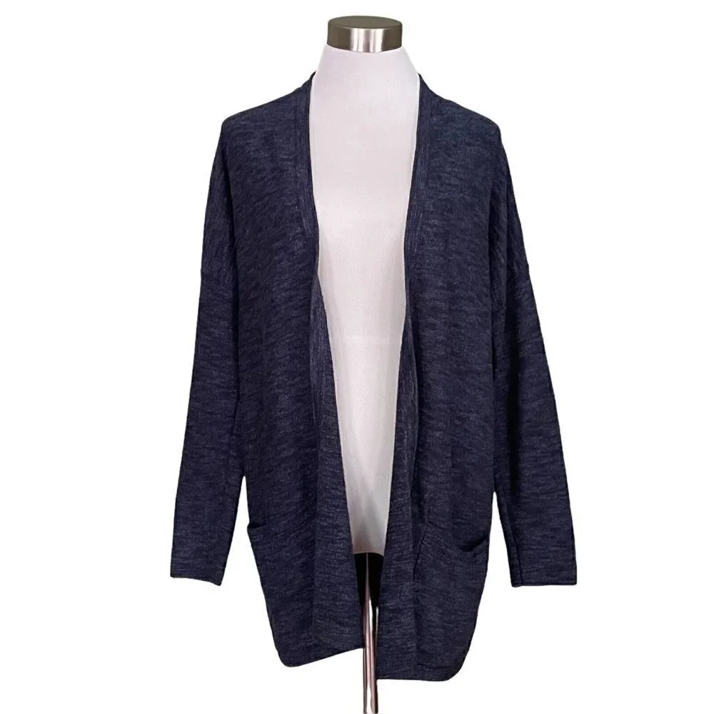 J Jill Womens Denim Blue Cotton Open Front Cardigan Womens Sz XS Marled Knit